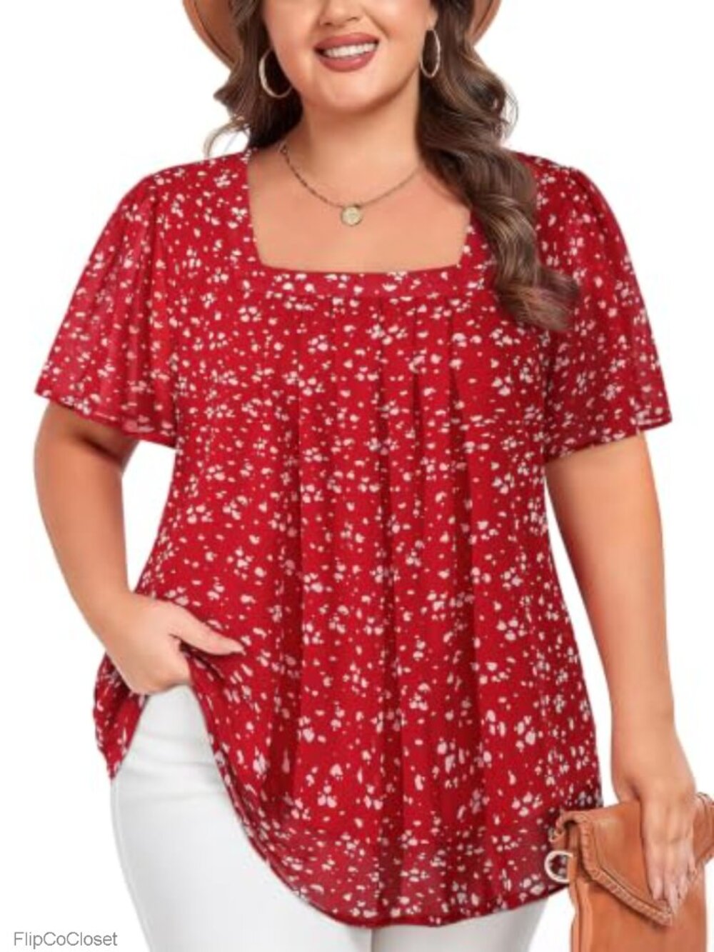 Plus Size Chiffon Blouse Short Sleeve Square Neck Floral Tunic